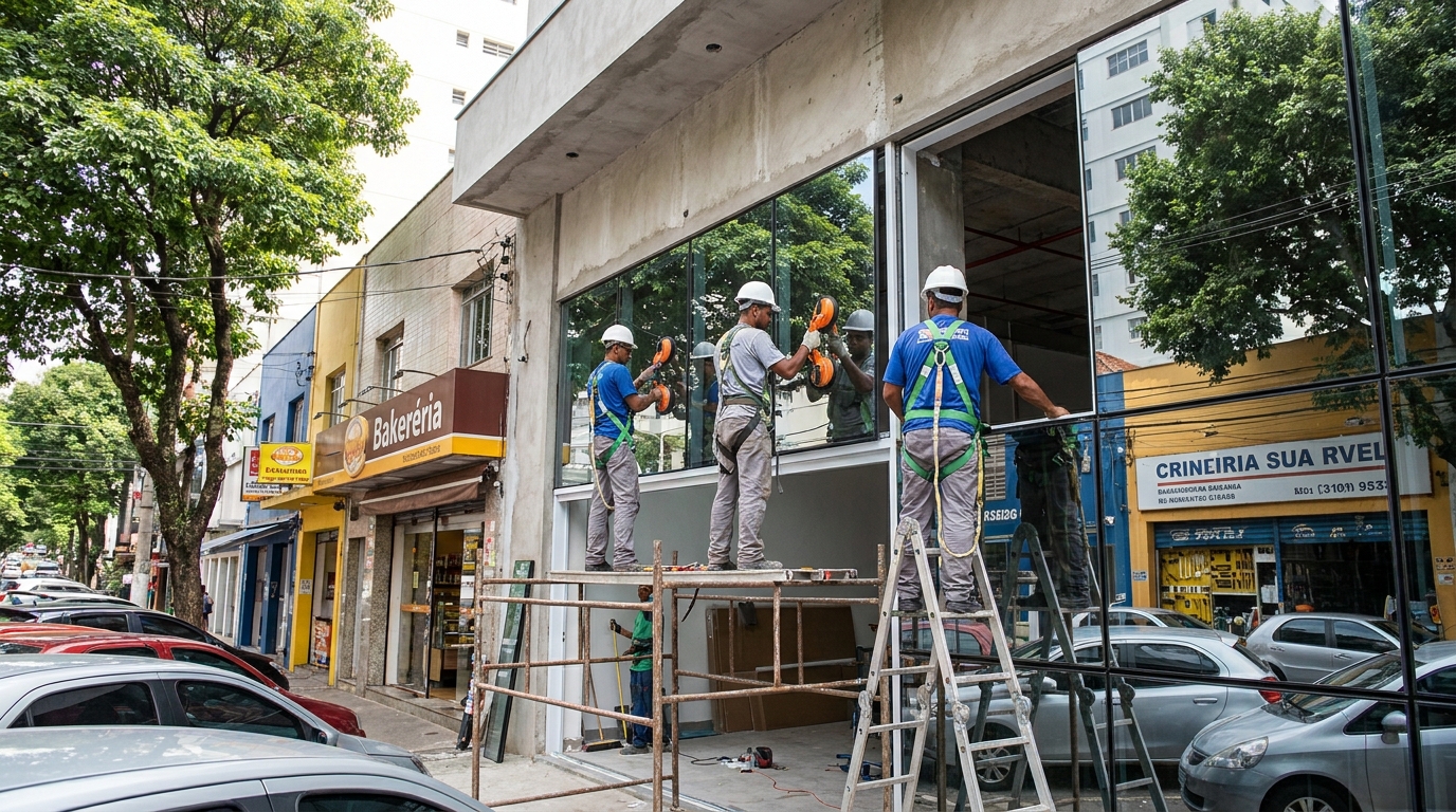 Fachada de vidro com confeitaria vizinha em Duque de Caxias-RJ